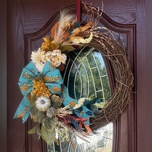 Rustic Fall Wreath with Teal Accents